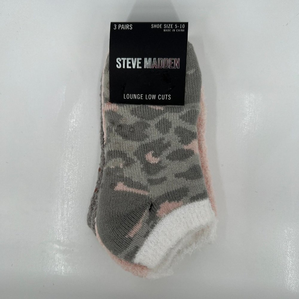 Steve Madden Women's Cozy Lounge Socks Gray-Pink Leopard 3 PAIRS sz 5-10 Gripper